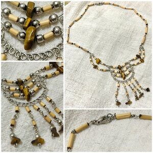 Vintage Handcrafted Tiger Eye & Bamboo Peruvian Fringe Necklace Tribal Boho